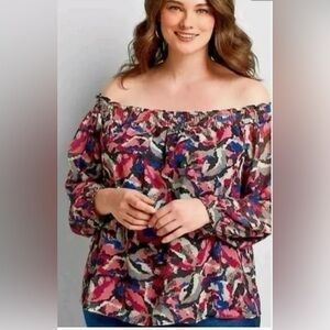 Lane Bryant Women’s Shirred Off-The-Shoulder Blouse in Camouflage Floral S 18/20